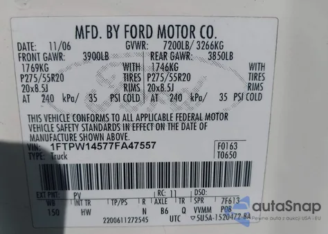 2007 Ford F-150 Fx4/Lariat/Xlt из США, поврежденный, VIN 1FTPW14577FA47557